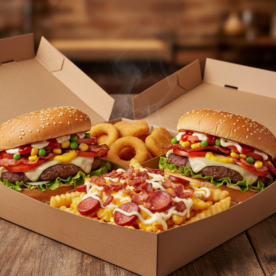 2 X TUDO, BATATA MALUCA 320G (MUÇARELA, CHEDDAR, BACON E CALABRESA), 6 ONIONS RINGS E 6 NUGGETS.