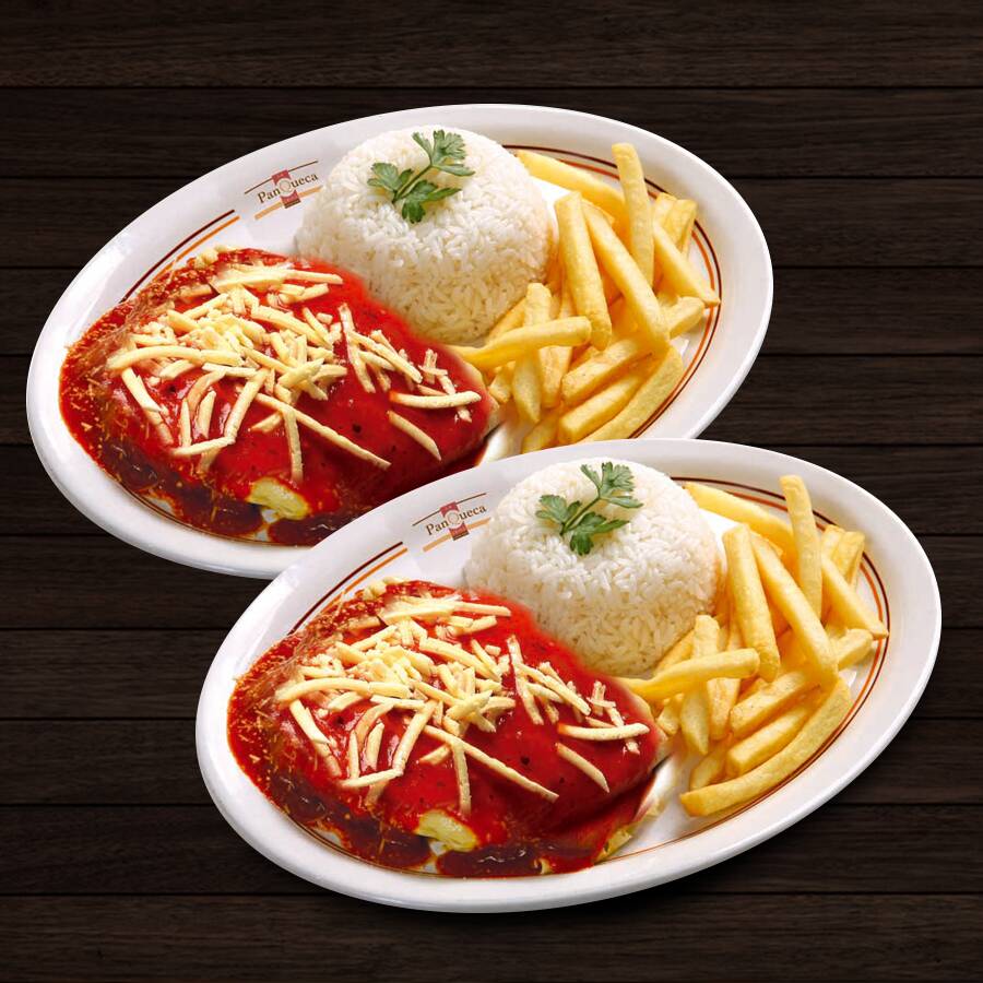 2 Pratos de Parmegiana (1 Frango e 1 Carne) com Arroz e Fritas. 2 Coca-Cola 200ml