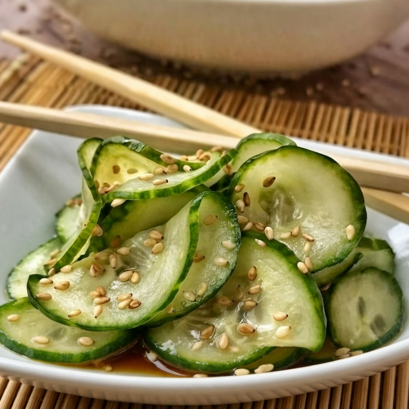 Laminas de pepino com molho agridoce e gergelim.