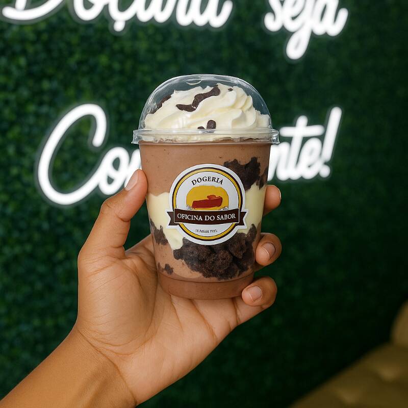 Creme de chocolate preto, creme de chocolate branco, mousse de chocolate, brownie, chantininho e ouro branco.