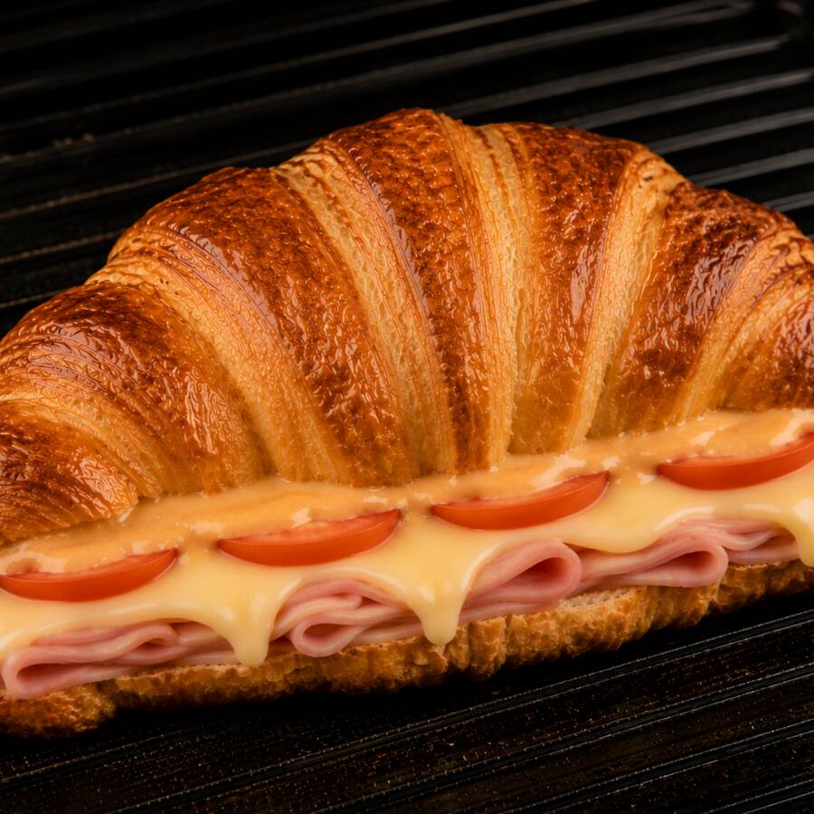 Croissant, manteiga, queijo mussarela, presunto, tomate e orégano.