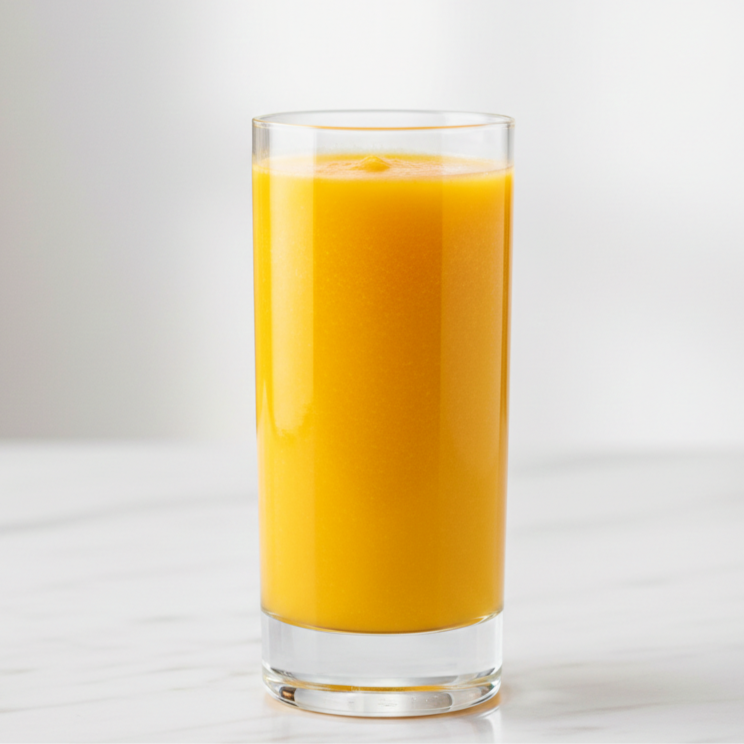 Delicioso suco de maracujá combinado com laranja, ideal para refrescar seu dia.