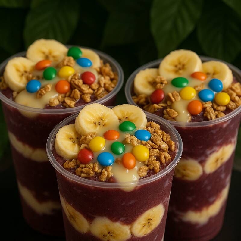 Açaí no Copo Premium 400ml. Cada camada é cuidadosamente montada com açaí puro, frutas frescas da estação, granola crocante e uma variedade de coberturas irresistíveis! ;)