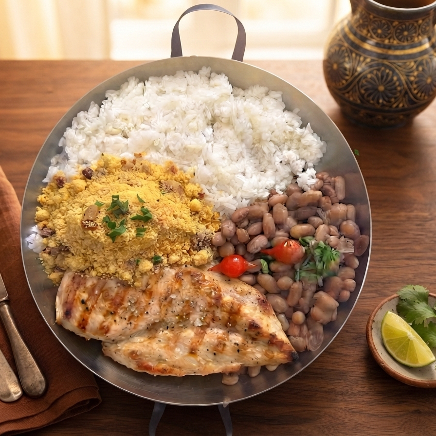 Acompanha. Arroz, feijão, e farofa. (Não alteramos esse prato)