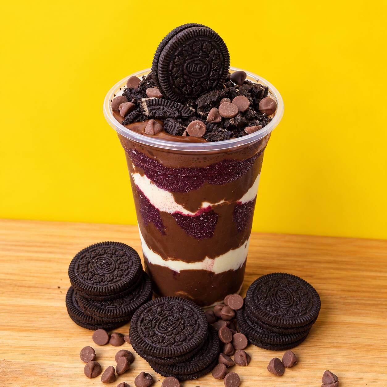 Açaí premium, creme de avelã, biscoito oreo, gotas de chocolate e leite em pó.