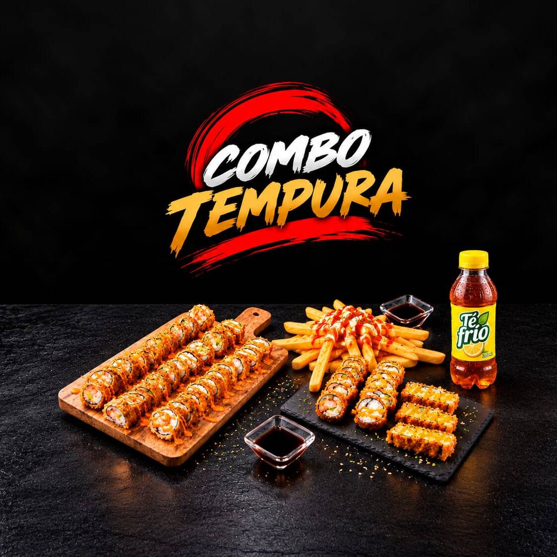 20 TEMPURAS CON QUESO CREMA + 1 BEBIDA + 2 SALSAS
