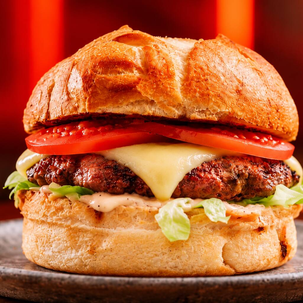 Hambúrguer Artesanal de 160gr, bacon crispy, queijo muçarela, alface, tomate, maionese da casa, pão francês bola