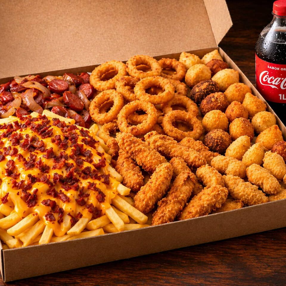 50 salgados sortidos, 400g batata com cheddar, molhos variados, Coca-Cola 1L.