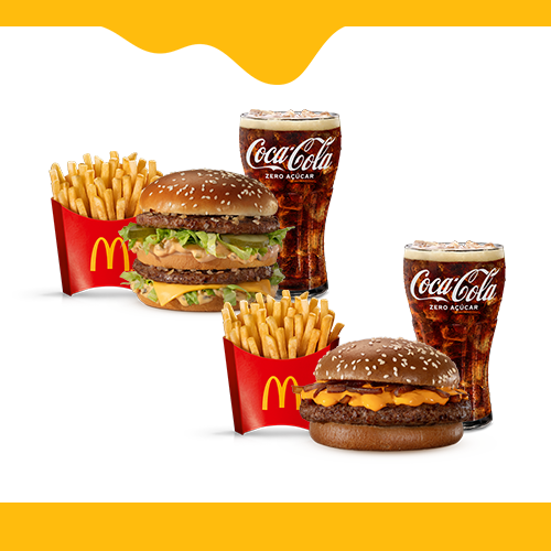 São 2 McOfertas Clássicas para você compartilhar com quem preferir #Méquinosofá. Escolha 2 (dois) sanduíches entre as opções: Big Mac, Cheddar McMelt, Quarterão com Queijo, McChicken e Duplo Burger Bacon, 2 (duas) McFritas Médias e 2 (duas) Bebidas. Imagem Meramente Ilustrativa.