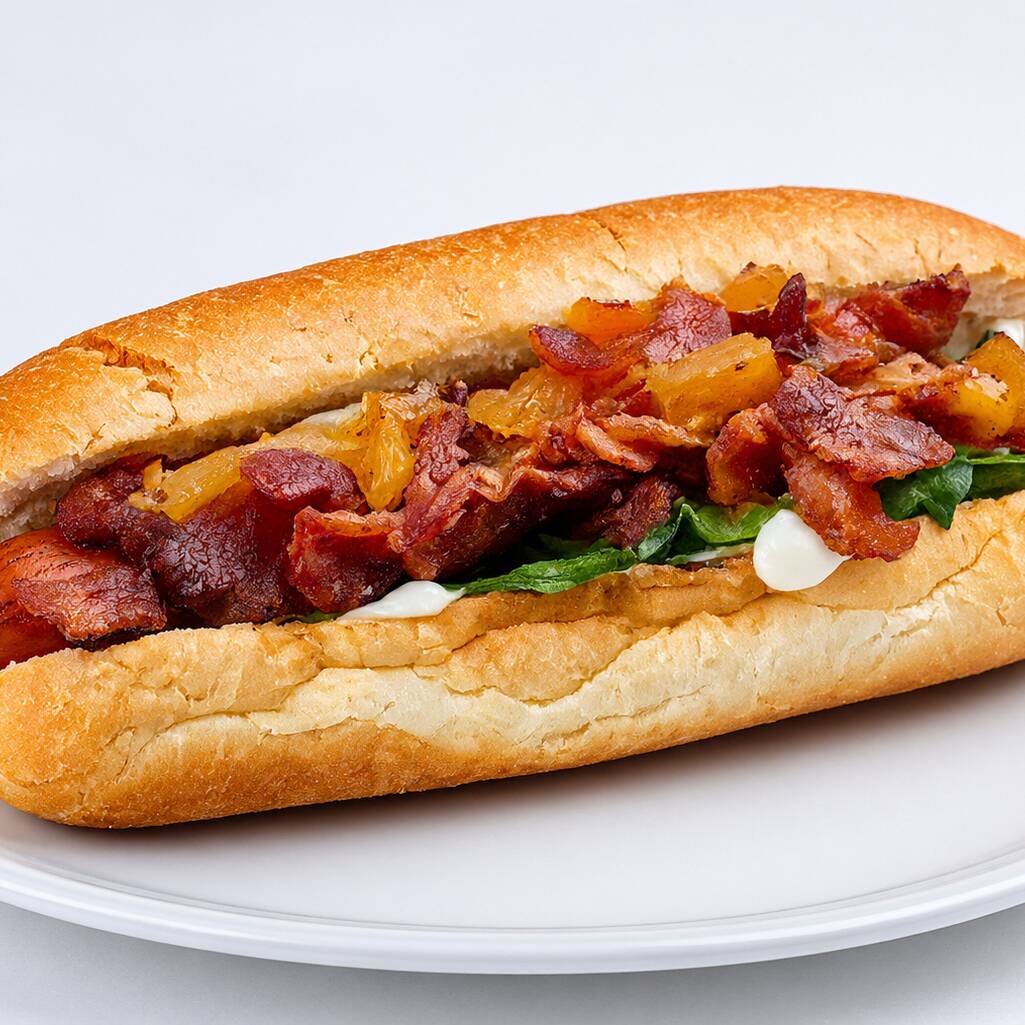 Salsicha Berna 100% Bovina, Creme De Gorgonzola, Queijo Catupiry, Bacon Crispy, Molho currywrust, rúcula, maionese da casa, pão de hot dog.