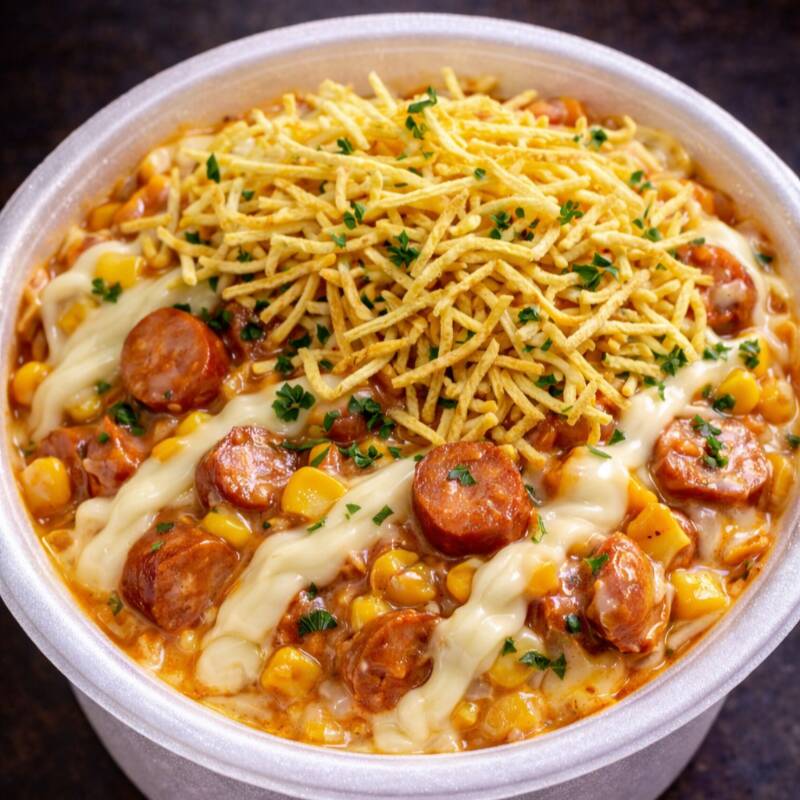 Macarrão no pote com muito recheio de salsicha premium em molho especial, milho, queijo derretido, requeijão cremoso e batata palha crocante.