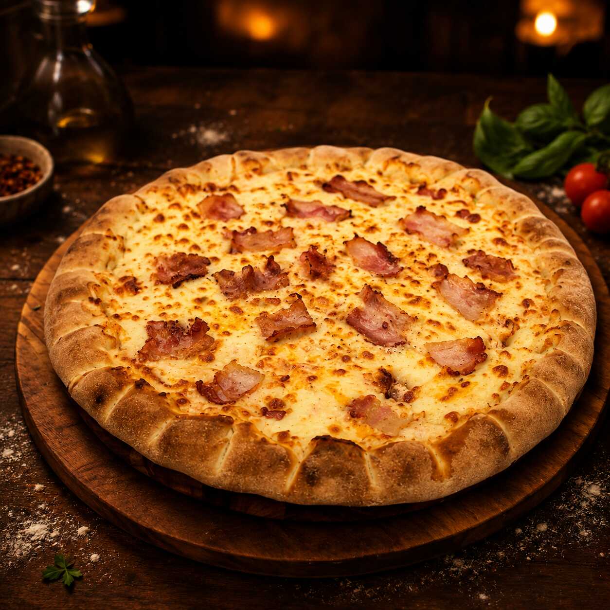 Massa artesanal da casa, molho de tomate, bastante queijo mussarela derretido, Catupiry na medida certa, bacon incorporado à cobertura e azeitonas, tudo assado no forno até ficar bem dourado.