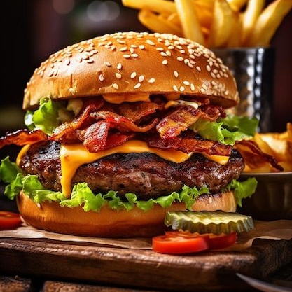 2 hamburguer, bacon, presunto, mussarela, batata palha, catupiry ou salada.