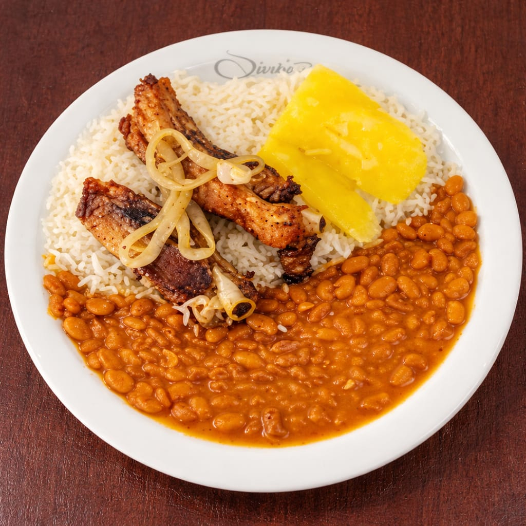 Esta refeição substanciosa vem acompanhada de arroz fresco e feijão caseiro, cozido lentamente para realçar o sabor. Este prato é a combinação perfeita de sabor e conforto que você procura para satisfazer seu apetite.