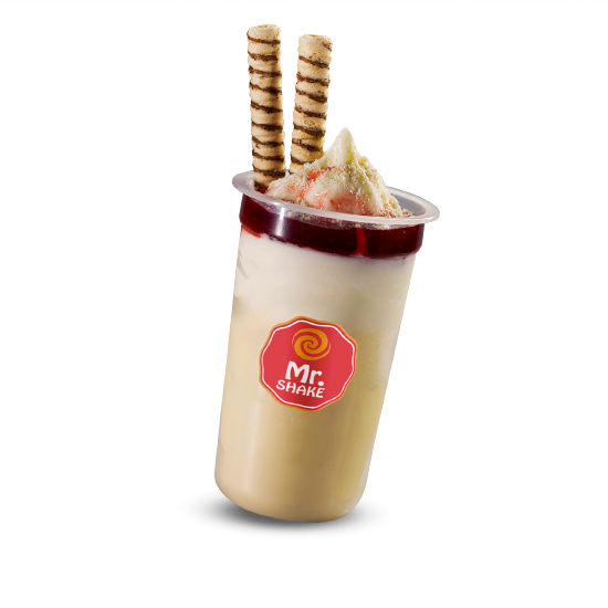 Sorvete de Baunilha, Chocolate Branco ao Redor do Copo, Polpa de Morango, Farofa Crocante e Tub Hool