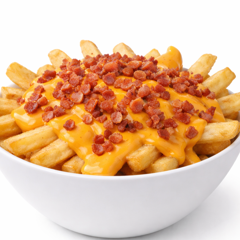 PAPAS CON CHEDDAR Y TOCINETA