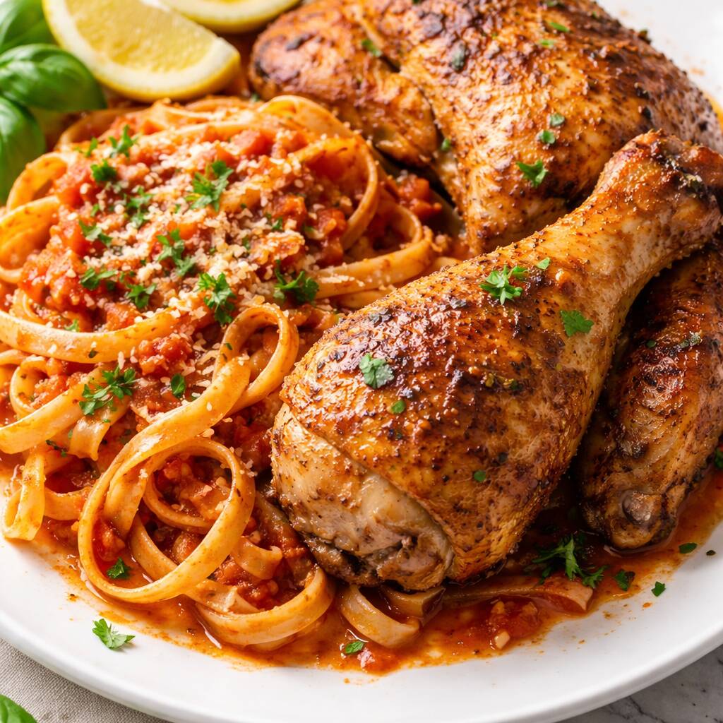 talharim de massa fresca com molho de tomate artesanal, coxa e sobrecoxa assada.