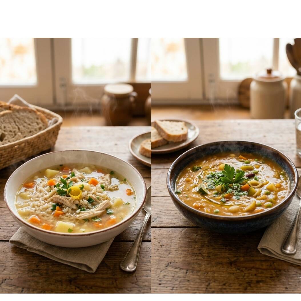 Combo de uma deliciosa sopa de legumes clássica e nutritiva combina vegetais variados, temperos frescos e uma base de caldo saborosa mais uma Canja com frango desfiado, vegetais variados e arroz. Feita com tempero caseiro!"