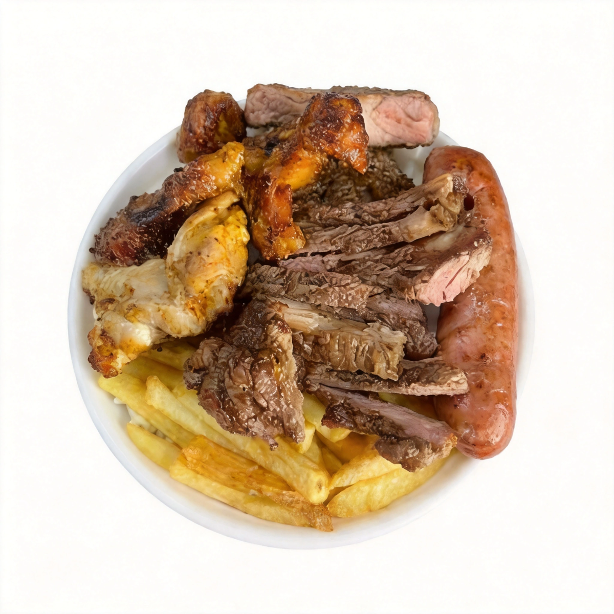 media mista carne ,frango, linguiça ,arroz ,feijão e batata