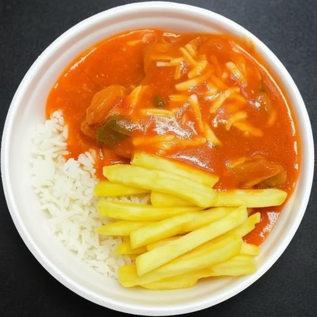 Suculento Parmediana de frango com molho de tomate especial e queijo, acompanhado de arroz branco e batata frita.