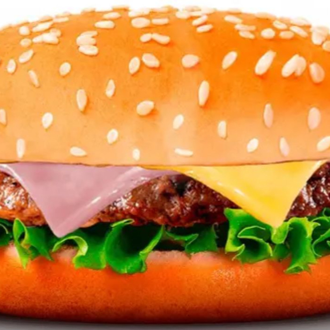 Pão, 1 Carne de Hambúrguer, Cheddar Fatiado, Presunto, Molho Especial e Salada