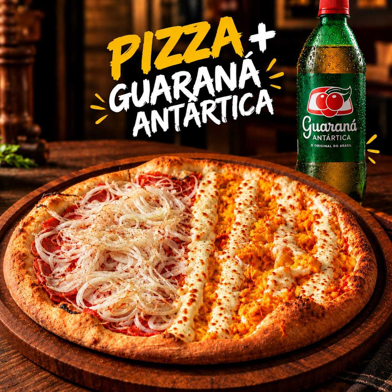 Pizza grande 35cm com 2 sabores: ½ Frango com Catupiry e ½ Calabresa. Acompanha refrigerante grátis.
Imagem meramente ilustrativa.
A pizza contém cebola.