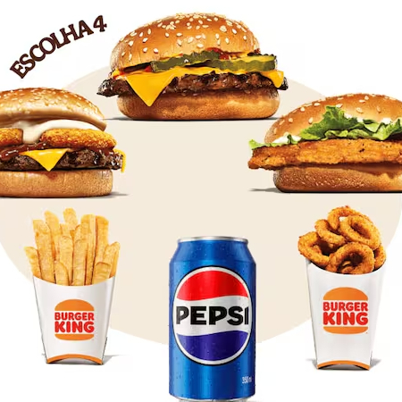 Monte sua oferta com 4 itens, entre eles: Cheeseburger, Chicken jr, Rodeio, Batata Média, Onion Rings Média e Bebida.
