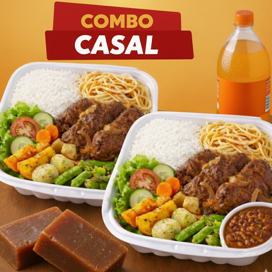 Acompanha 2 marmitas (comidas do dia) com arroz, feijão de caldo, carne do dia e verduras refogadas, 1 refrigerante de 1l.