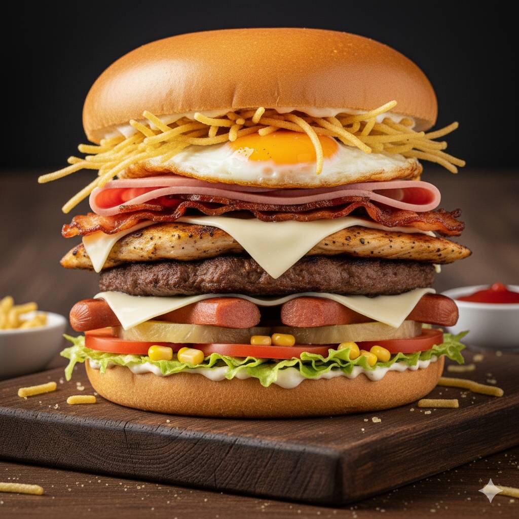 Pão, Hamburguer, Frango, Lombo Suíno, Bacon, Ovo, Salsicha, Presunto, Mussarela, Abacaxi, Milho, Tomate, Alface, Batata Palha