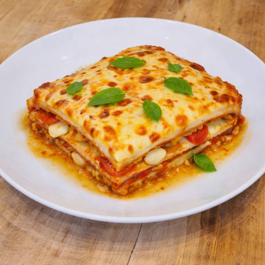 Massa de semolina e ovos. Molho pomodoro, molho branco, mussarela de búfala e manjericão.