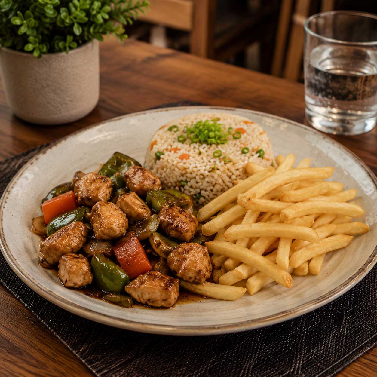 Aprox. 600g Cubos de Frango preparados no Molho Oriental Especial da Casa com Legumes Salteados, acompanhados de Arroz à Grega e Batata Frita