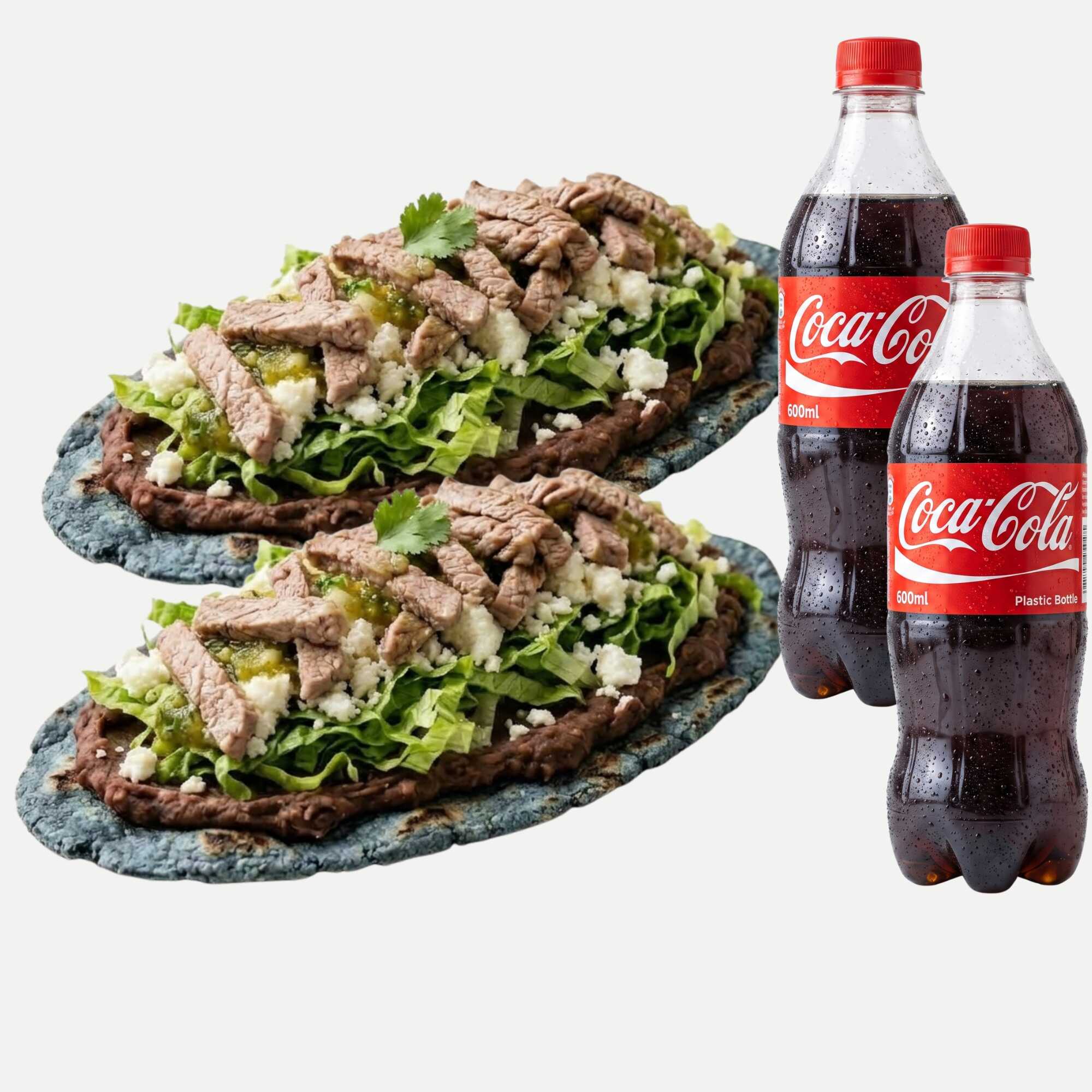 2 Huaraches Con Bistec + 2 Cocacolas de 600 Ml