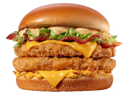 É a opção com duas camadas de frango empanado, dourado por fora e suculento por dentro, contrasta perfeitamente com o cheddar cremoso e a crocância da cebola crispy. O bacon entra em cena para entregar ainda mais sabor, enquanto os molhos exclusivos (molh