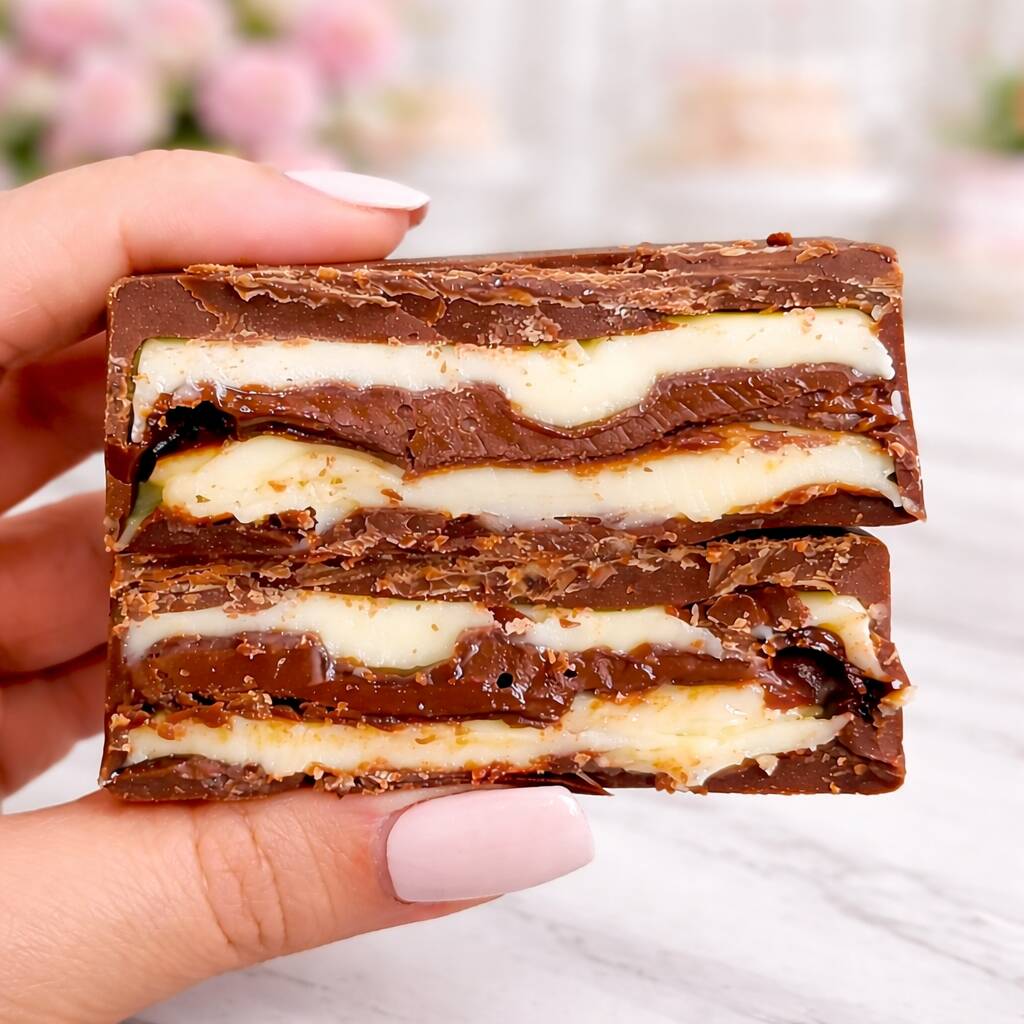 Casca de chocolate ao leite recheado com creme de ninho e Nutella (aprox 110 gramas)