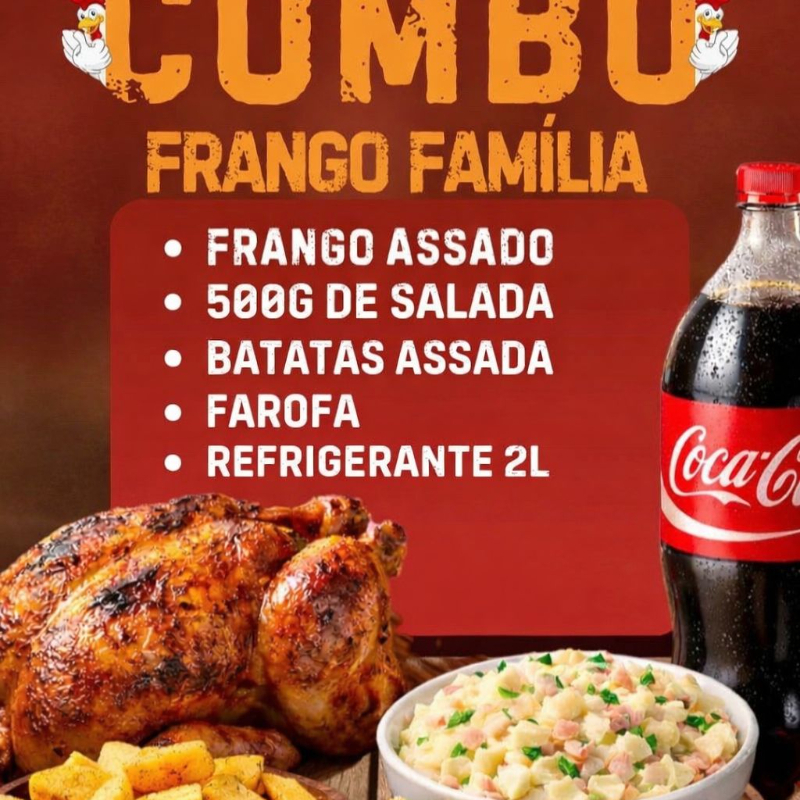 Frango assado inteiro, bem dourado e suculento, perfeito para compartilhar! Acompanha arroz soltinho, salada de maionese ou salpicão e Coca-Cola 2 litros bem gelada.