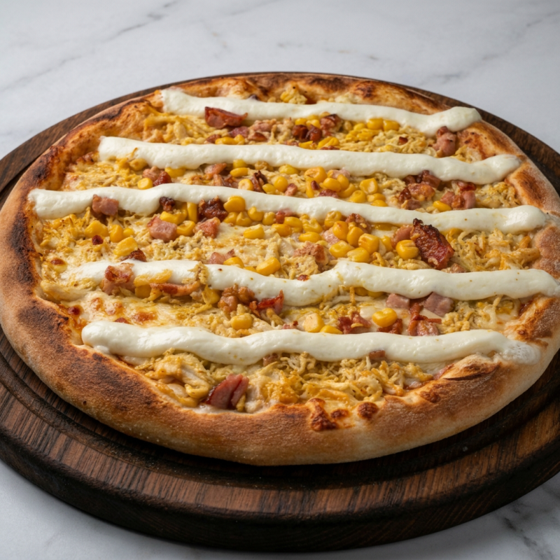 Frango, bacon, milho e requeijão sobre muita mussarela. Completa e cremosa. Pizza grande (35cm - 8 pedaços)