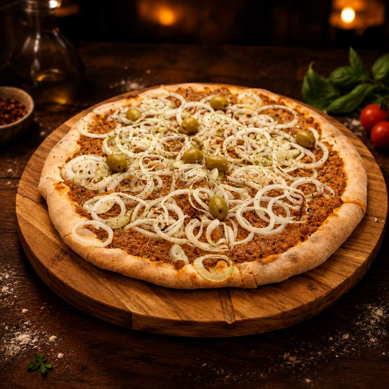 Massa artesanal da casa, molho de tomate, atum incorporado à cobertura e cebola fatiada, tudo assado no forno até ficar bem dourado.