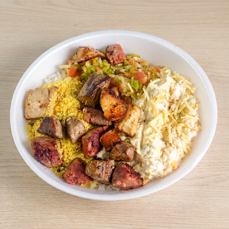 Arroz farofa salpicão molho e um espeto misto carne frango e linguiça.