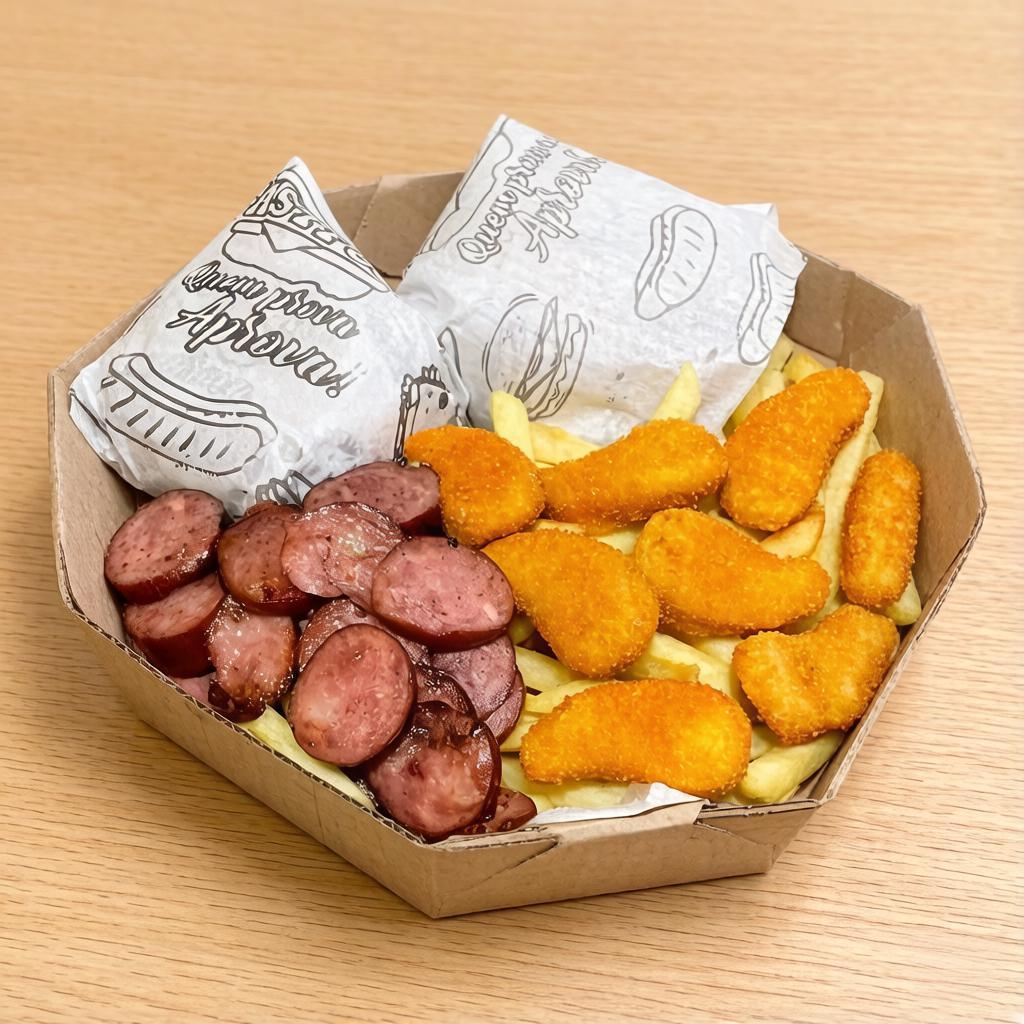 combo da casa 5 x-tudo batata frita + calabresa + nuggets + + ovo de codorna
