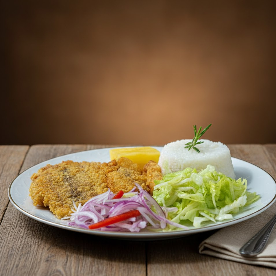Filete de Bonito Frito, Yuca Frita más Arroz