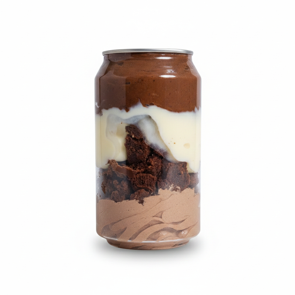 Delicioso mousse de chocolate pedacinhos de brownie , brigadeiro branco cremoso , ovomaltine crocante e para finalizar rocks de ovomaltine . 1 latinha de aprox 300 grs