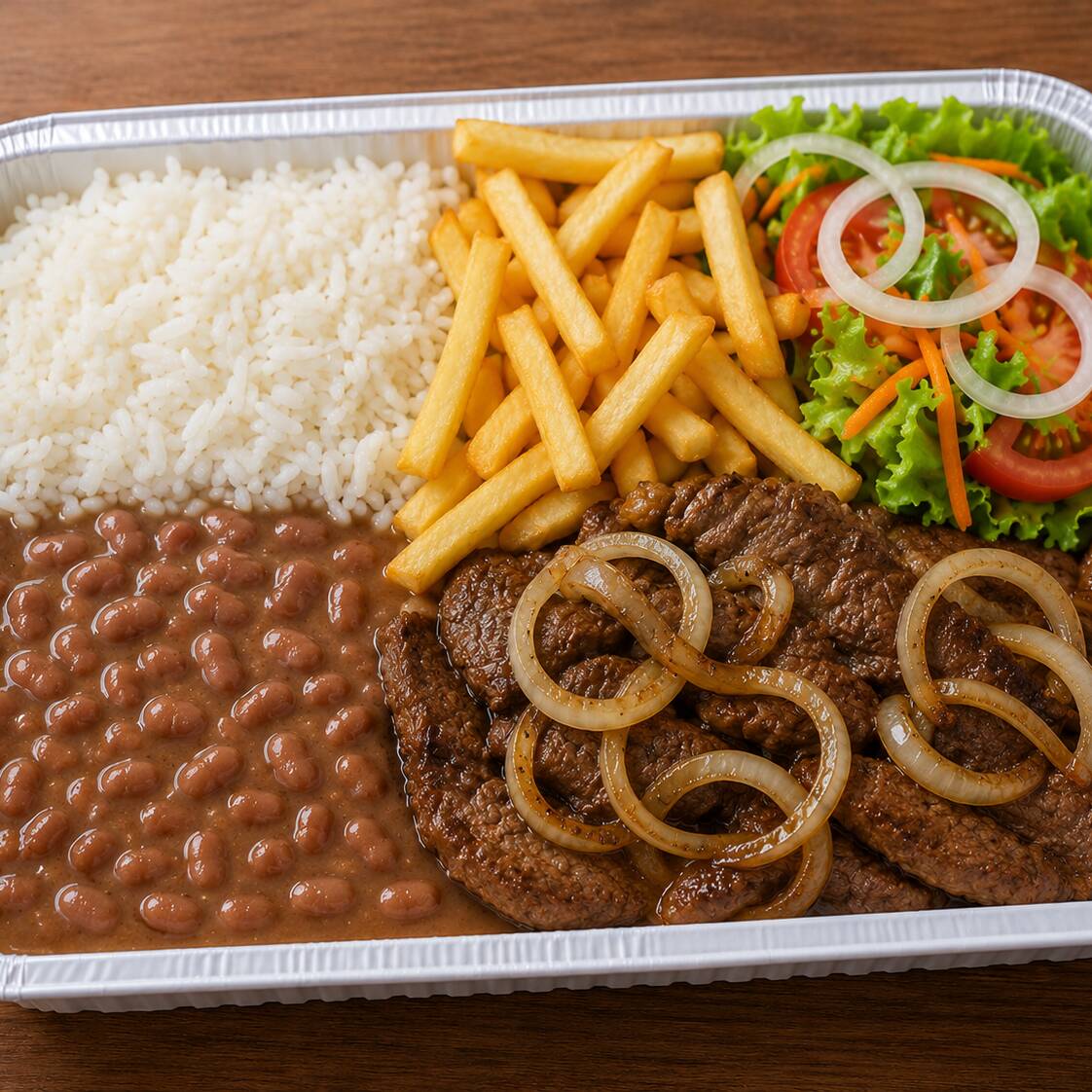 arroz, feijao caldo, bife acebolado, batata frita , salada