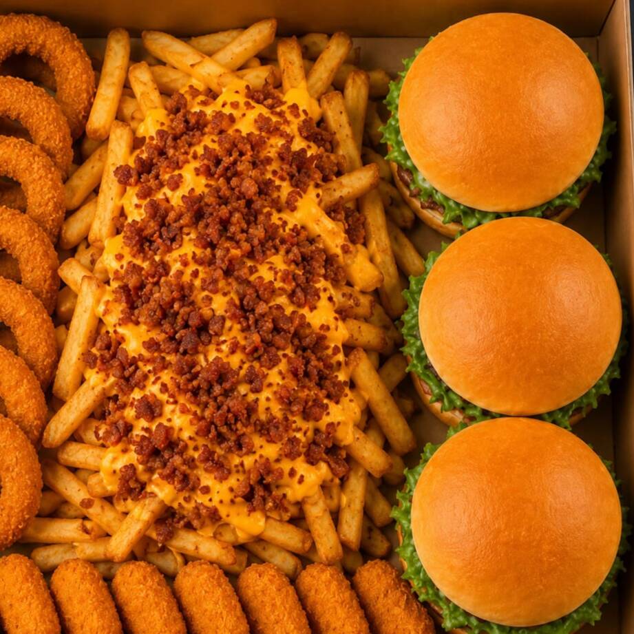 3 BaconBurguer , 7 aneis de cebola, 7 nuguets, batata,cheddar,farofinha de bacon
