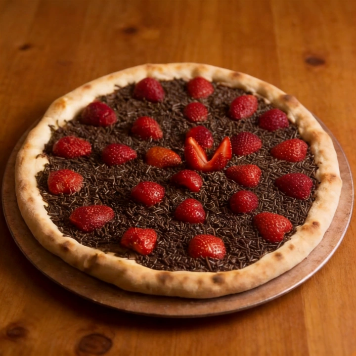 Base de creme Deleite Veg, cobertura de brigadeiro vegano com pedaços de morango fresco.