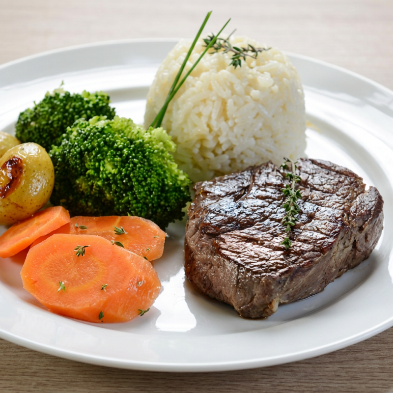 Desfrute de nosso Prato Executivo Baby Beef, meticulosamente preparado com um suculento steak do Baby. Acompanha arroz fresco e saboroso, autêntico feijão brasileiro, legumes cozidos ao ponto de perfeição e levemente salteados para realçar os sabores.