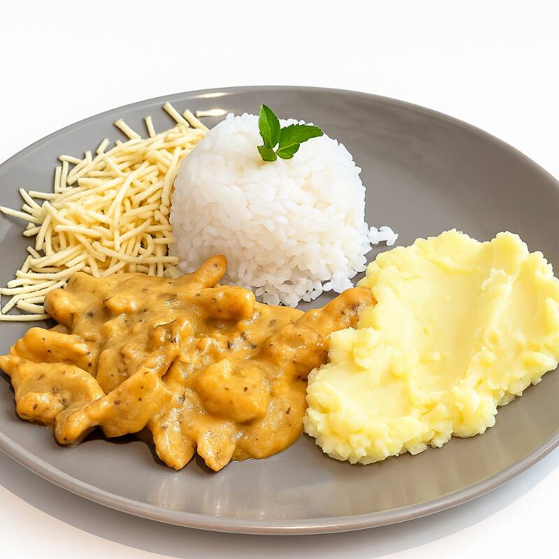 Iscas de frango ao molho mostarda, arroz branco, purê de batata e batata palha.