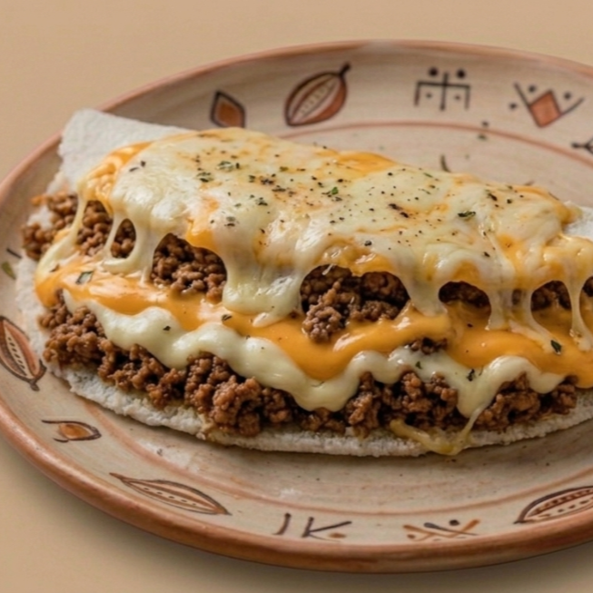 Tapioca com carne moída+ cheddar+ queijo+ catupiry+milho