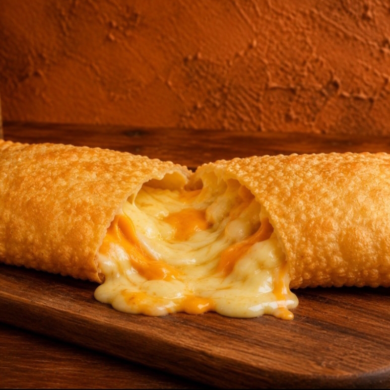 Recheado com uma combinação irresistível de muçarela, queijo minas, queijo prato, cheddar cremoso, Catupiry e cream cheese, nosso pastel de 6 queijos oferece uma experiência única de cremosidade e sabor em cada mordida. Uma verdadeira explosão de sabores para os amantes de queijo!