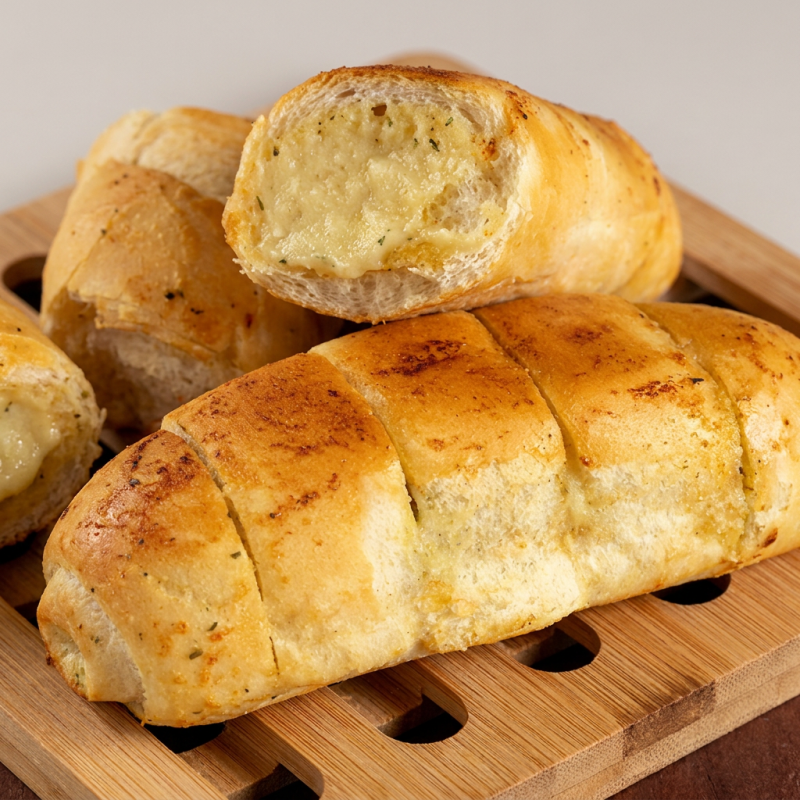 Pão de alho crocante, ideal como acompanhamento.