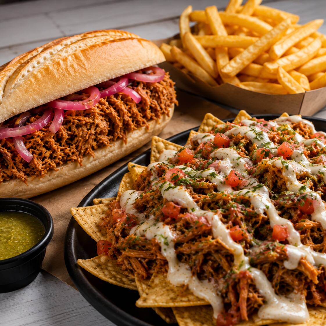 Combo Amigos Torta de Cochinita con Papas y Nachos